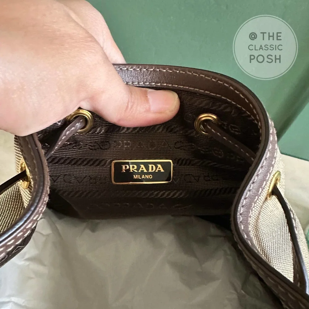 NEW Prada Jacquard Logo Bucket Brown Canvas Tote Small Crossbody Bag